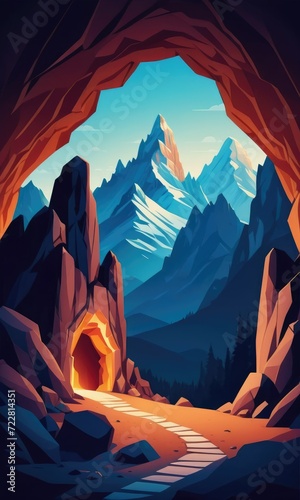 Mountains with the entrance to a cave illuminated from within during the night by ai generated