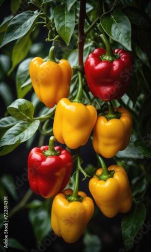 Numerous yellow and red peppers are flourishing on the tree by ai generated