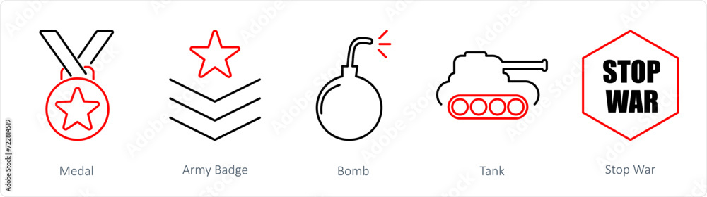 A set of 5 mix icons as medal, army badge, bomb A set of 5 mix icons as medal, army badge, bomb