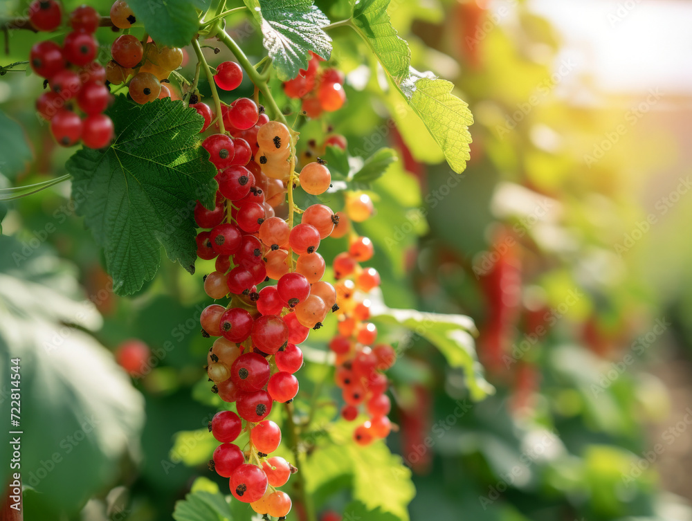 Fototapeta premium Unripe vibrant redcurrants clustered on the branch, shining with freshness.