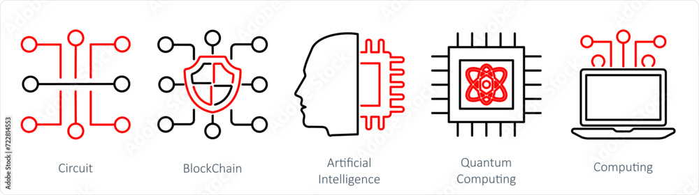 A set of 5 mix icons as circuit, blockchain, artificial intelligence A set of 5 mix icons as circuit, blockchain, artificial intelligence