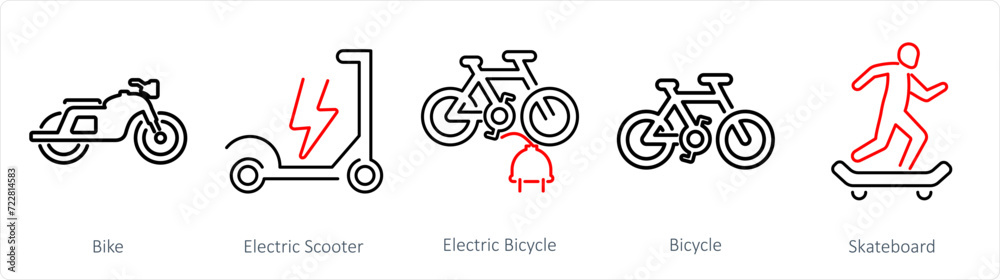 A set of 5 mix icons as bike, electric scooter, electric bicycle