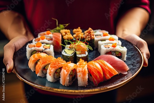 Sushi Plate, Fish Maki Rolls, Japan Seafood, Sushi Set, Asian Dinner, Tradition Nigiri Susi