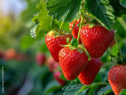 Clusters of red strawberries nestled in green leaves  dappled with sunlight.