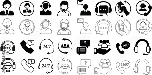 Customer support icons set, black and white, featuring operators, headsets, 24/7 service, chatbots. Ideal for web design, apps, communication services