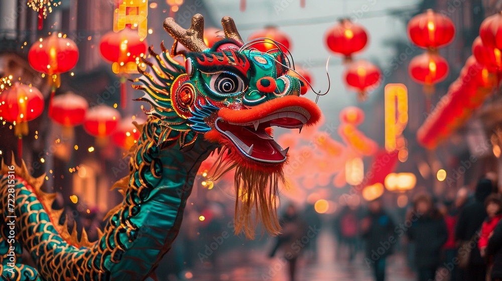 Lively street scene celebrating the Chinese New Year. Majestic green Dragon Dance. AI Generated