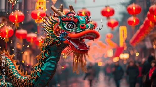 Lively street scene celebrating the Chinese New Year. Majestic green Dragon Dance. AI Generated