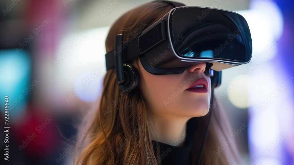 Young woman wearing virtual reality glasses .generative ai Young woman wearing virtual reality glasses .generative ai