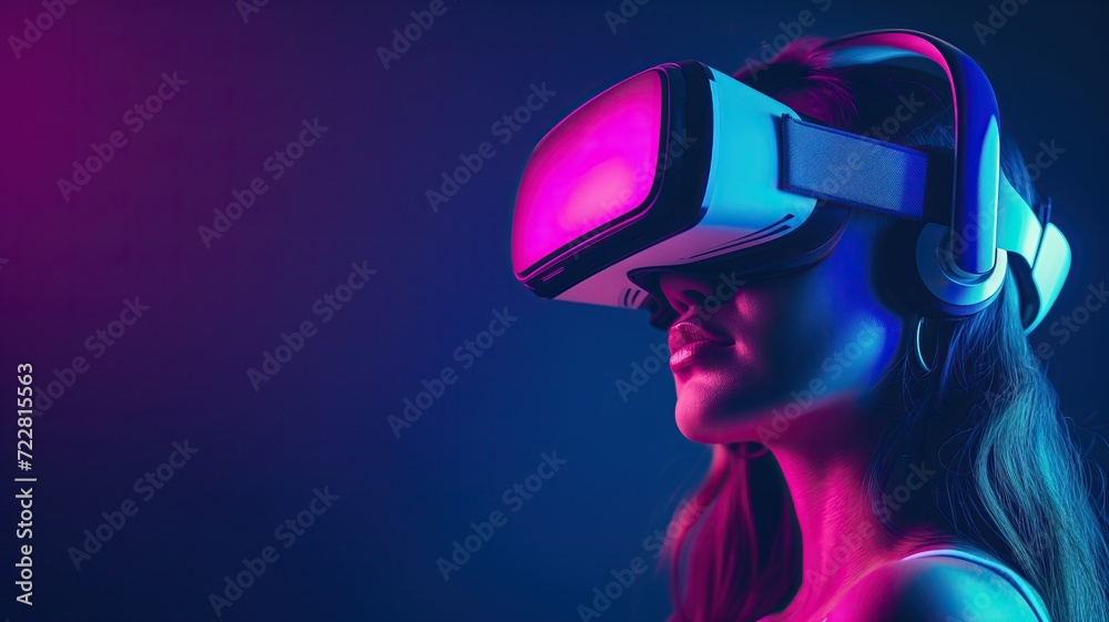 Young woman wearing virtual reality glasses .generative ai Young woman wearing virtual reality glasses .generative ai