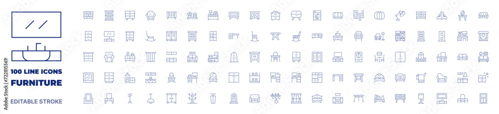 100 icons Furniture collection. Thin line icon. Editable stroke. Furniture icons for web and mobile app.