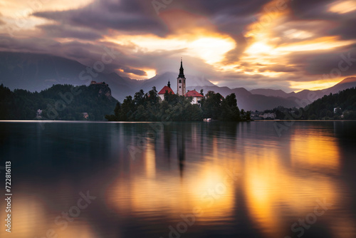 Amazing View On Bled Lake, Island,Church And Castle With Mountain Range © erika8213