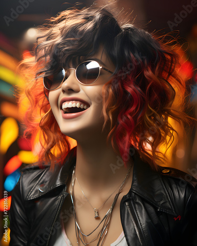 Female Rockstar with Colorful Curly Hair and Sunglasses © Resdika