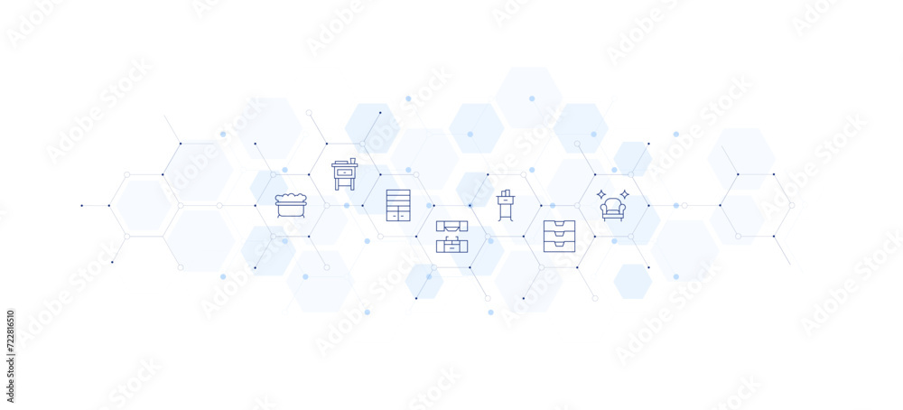 Furniture banner vector illustration. Style of icon between. Containing nightstand, shelving, bath, drawers, furniturecare, kitchenfurniture.