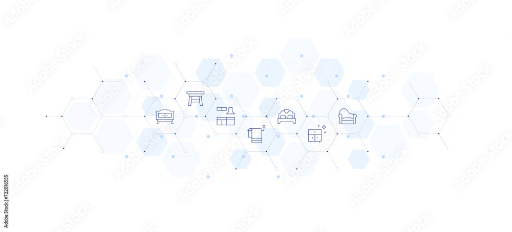 Furniture banner vector illustration. Style of icon between. Containing towel, table, armchair, bed, kitchen, furniture.