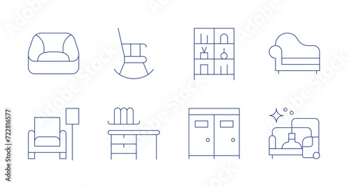 Furniture icons. Editable stroke. Containing beanbag, armchair, rockingchair, desk, shelving, dressingroom, sofa, furniture.