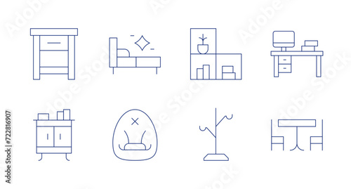 Furniture icons. Editable stroke. Containing nightstand, wardrobe, bed, beanbag, storage, coatrack, workspace, table.