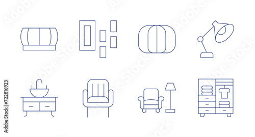 Furniture icons. Editable stroke. Containing ottoman, sink, frame, chair, beanbag, armchair, tablelamp, wardrobe. photo