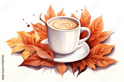 Cup of coffee with autumn leaves on a white background. Vector illustration.