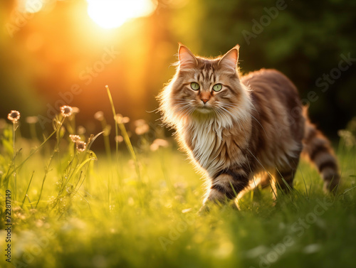 a cat walking in the grass