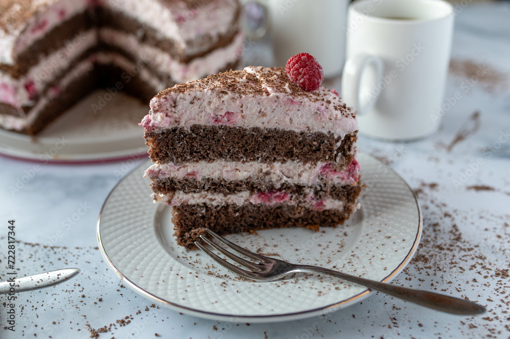 Slice of raspberry chocolate crem cake on a plate Slice of raspberry chocolate crem cake on a plate