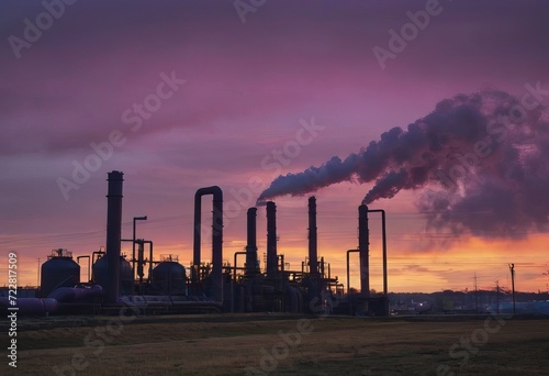 Smoke from heating station in big city during winter season at sunset. Smokestack pipes emitting co2 from coal thermal power plant into atmosphere. Air pollution and emission ecology problem concept © Алексей Ковалев