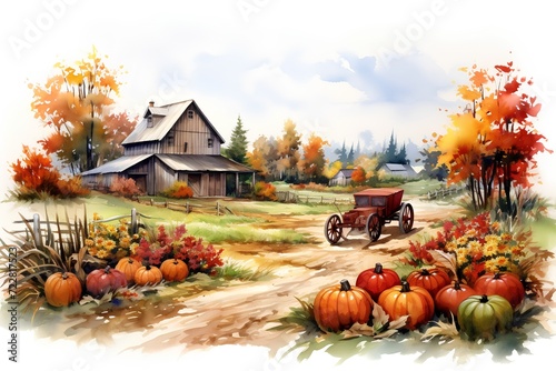 Autumn rural landscape with a wooden barn and pumpkins. Watercolor illustration.