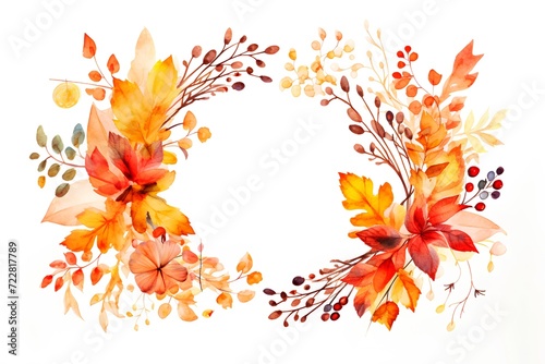 Watercolor autumn wreath with leaves  branches and berries. Hand painted illustration isolated on white background