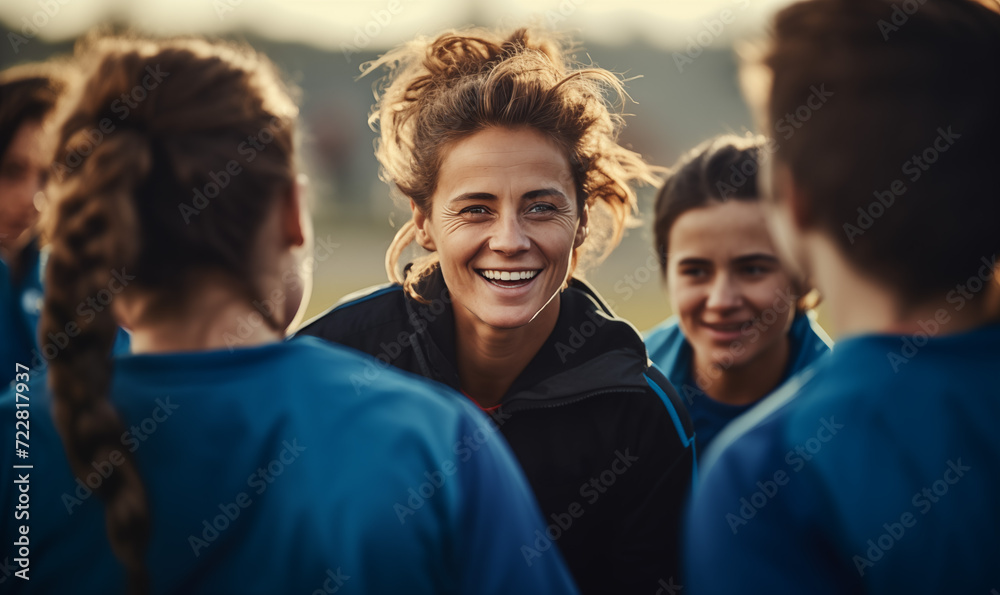 Woman Female Coach Girls Sports Team Huddle Woman Female Coach Girls Sports Team Huddle