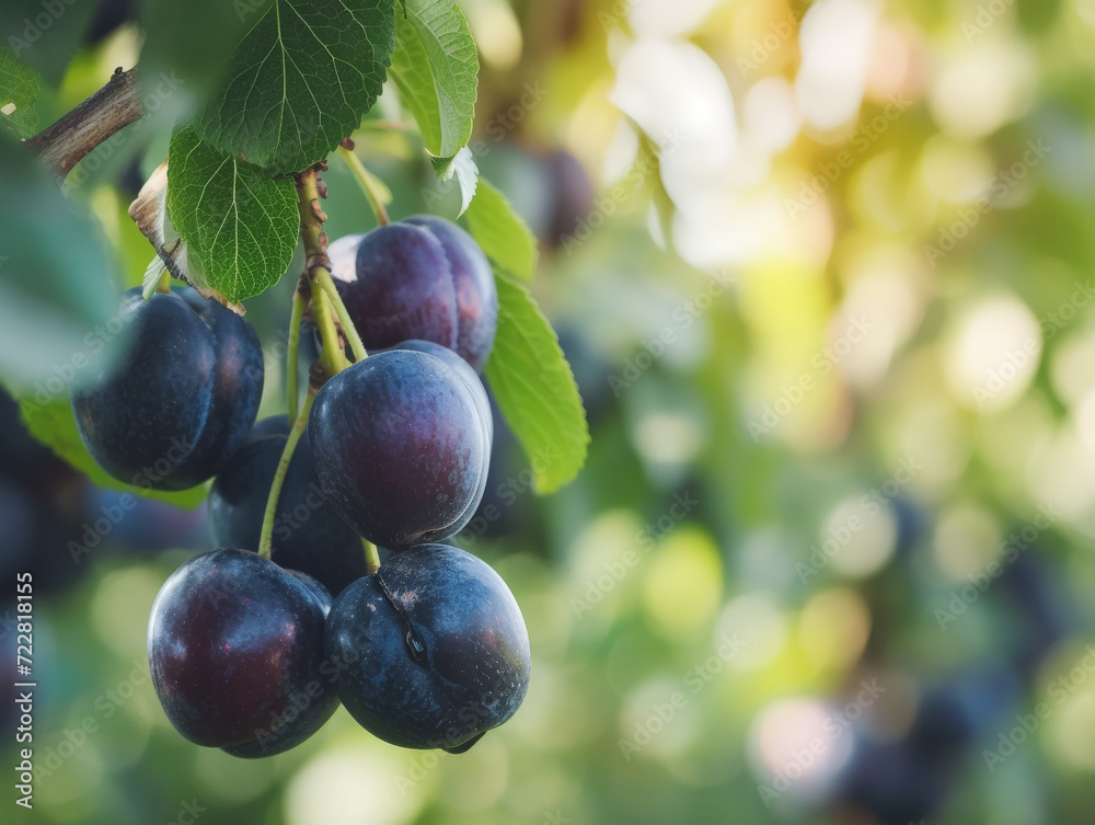 Clusters of ripe damsons on a branch in soft light.