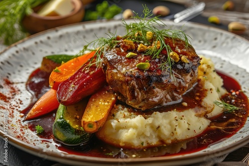 Veal Cheeks and Baked Vegetables, Demi Glace Sauce, Mashed Potatoes, Fried Beef photo