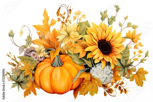 Autumn bouquet with sunflowers and pumpkins. Vector illustration.