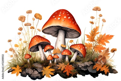 Mushrooms in autumn forest. Watercolor illustration isolated on white background