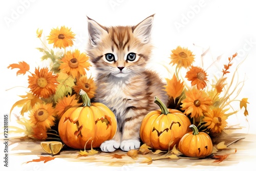 Cute kitten with pumpkins and flowers on a white background. © hungryai