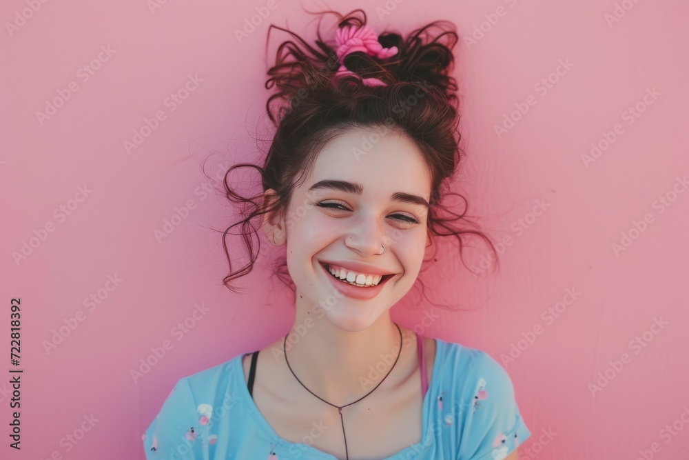Joyful Young Woman with Playful Hair Bun Against Pink Background
