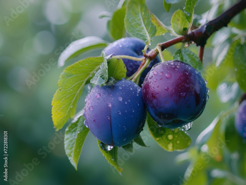 Dew-covered damsons hanging from a tree.