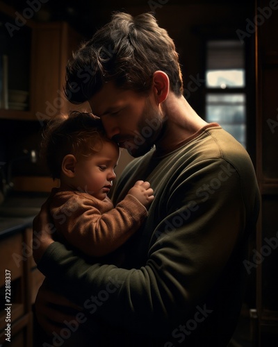 A man hugging a baby in a children's room, cinematic light, sunlight. Father-child relationship. Dad holds his son in his arms. Father's Day