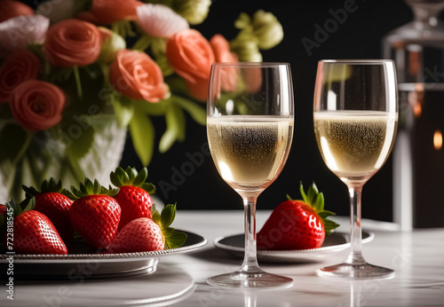 Close-up crystal glass of champagne with strawberry on table with flowers. Still life of romantic composition with champagne and flower in dark living room. Date festive concept. Copy ad text space