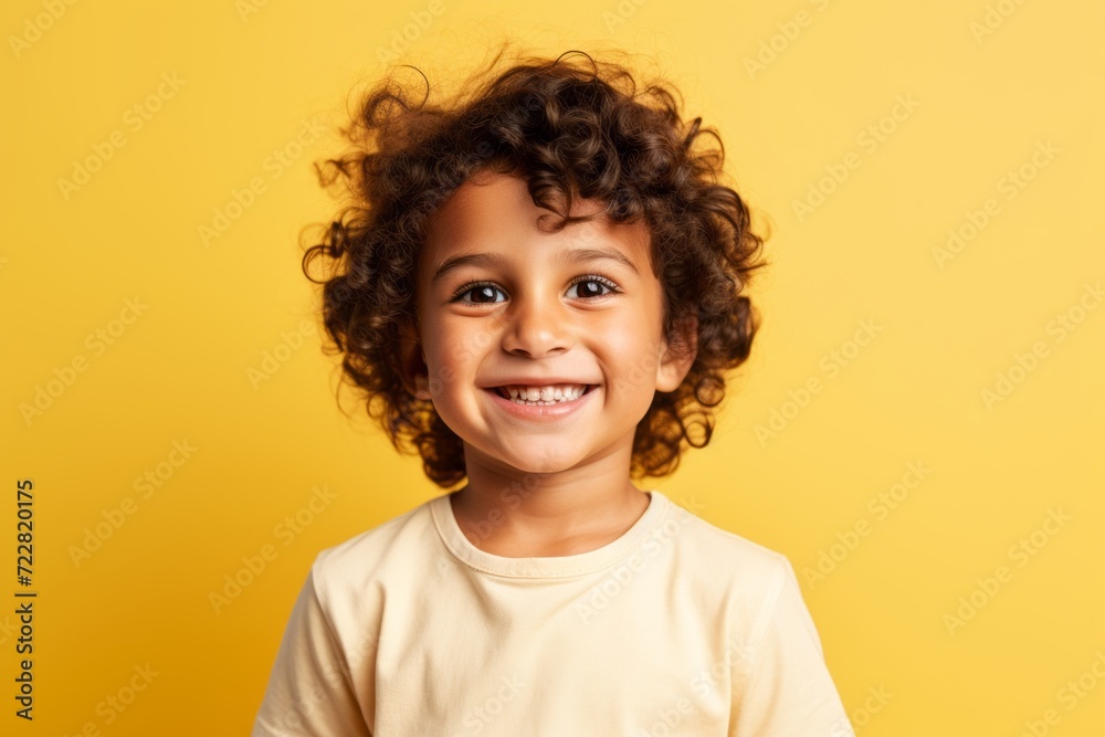 Portrait of a smiling little girl with curly hair over yellow background Portrait of a smiling little girl with curly hair over yellow background