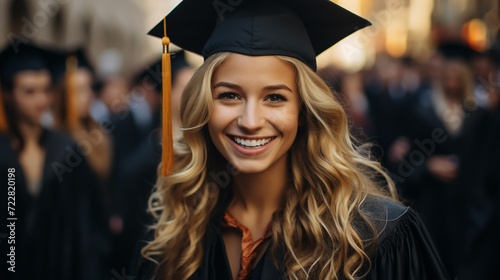 Graduate girl with master degree in black graduation robe and cap happy young woman careerist have success in her business.