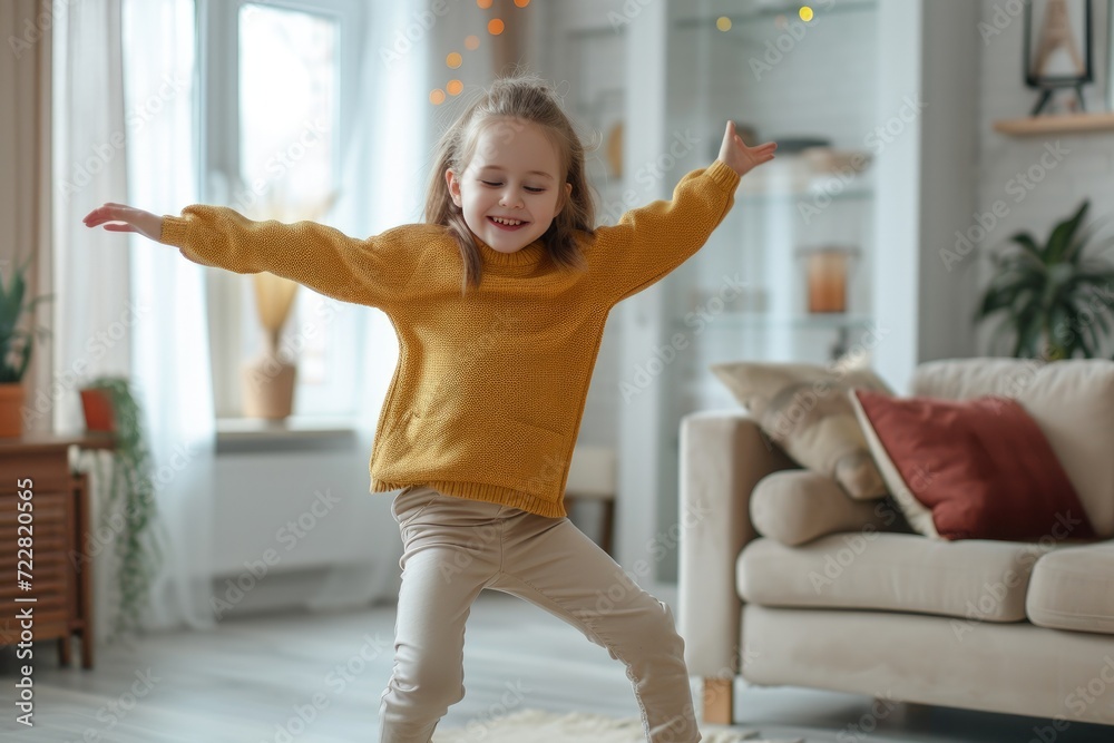 Energetic Young Girl Enjoys Viral Dance Routine at Home.