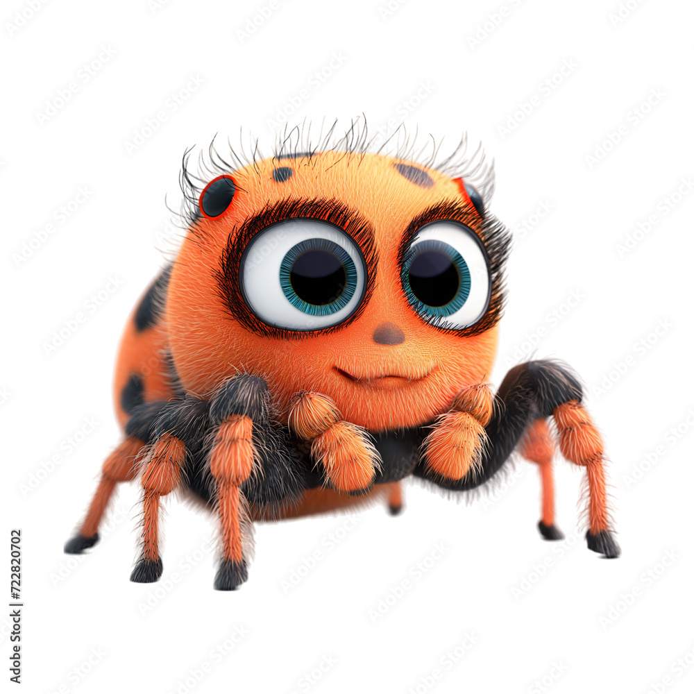 Obraz premium Isolated 3d cartoon funny spider a white background. stuffed friendly cute insect . A parody, a caricature. 3d cartoon colorful character.