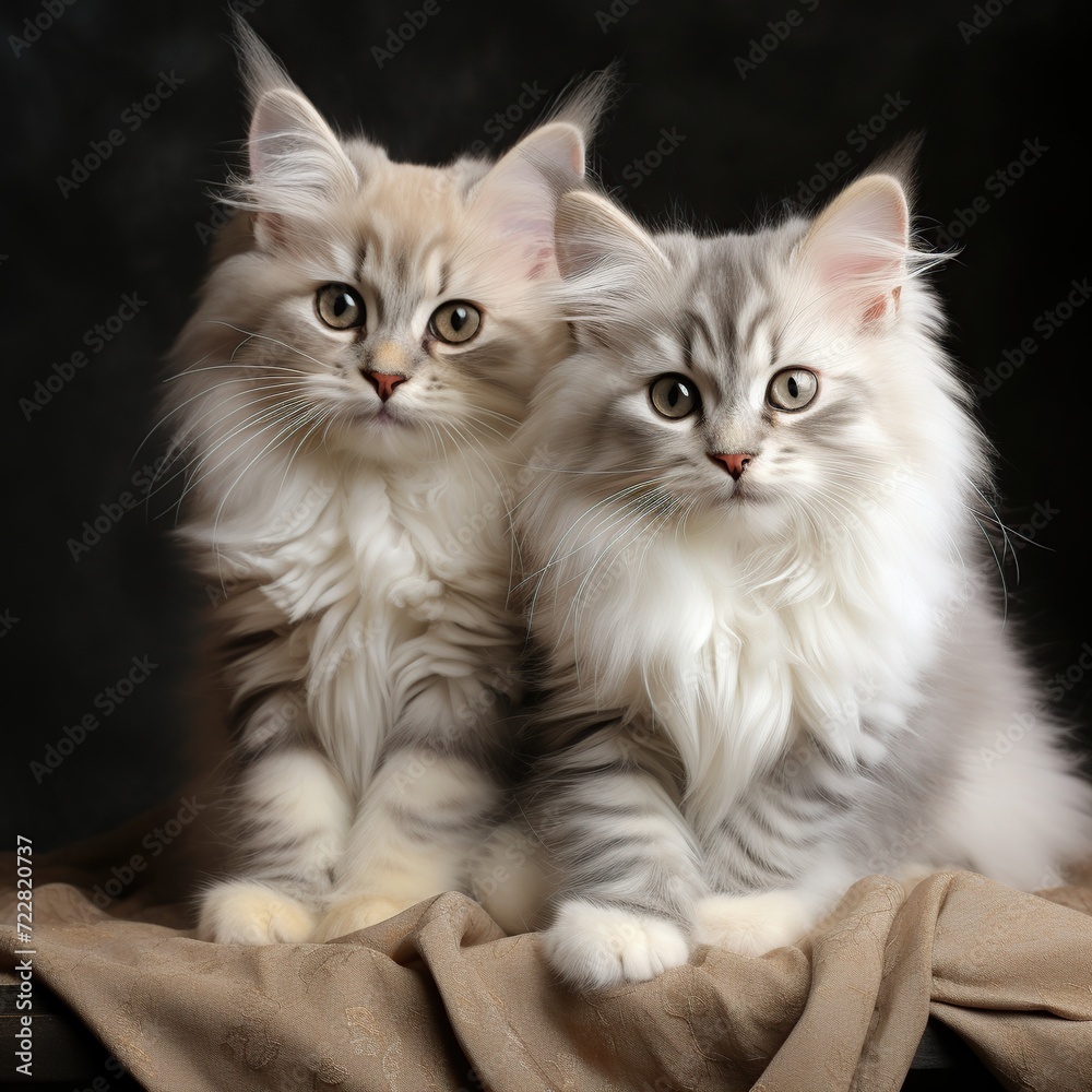 two beautiful maine coon kittens on a dark background in studio two beautiful maine coon kittens on a dark background in studio