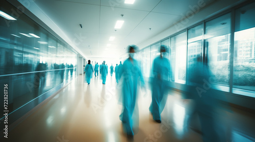 Motion Blur Shot Of Medical Staff Wearing Scrubs In Busy Hospital Corridor