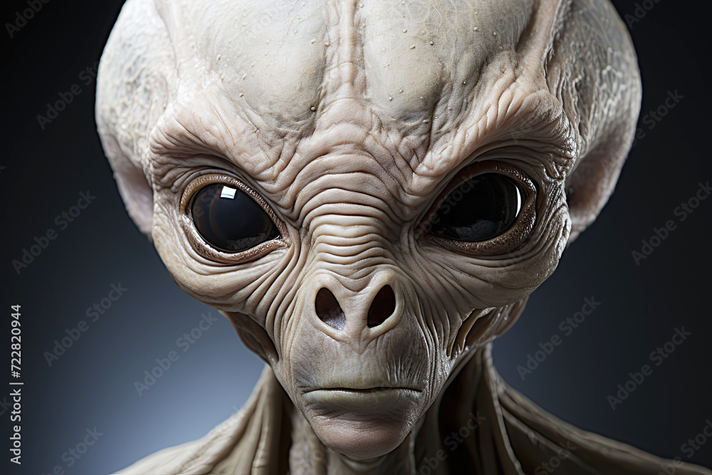 portrait of white alien on spaceship ufo in the dark
