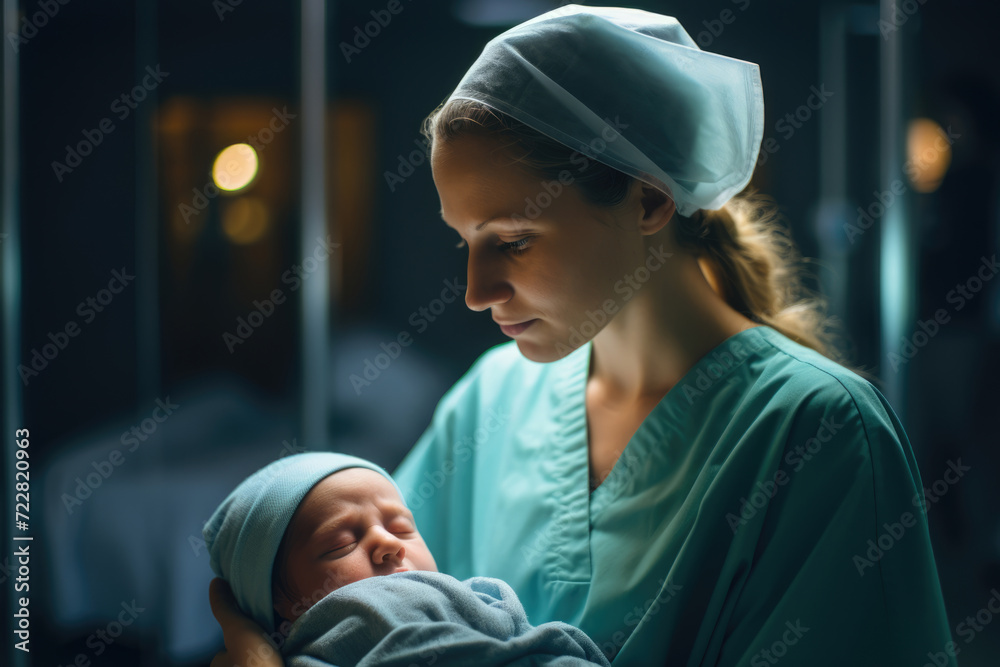 Nurse holding newborn baby in maternity hospital Nurse holding newborn baby in maternity hospital