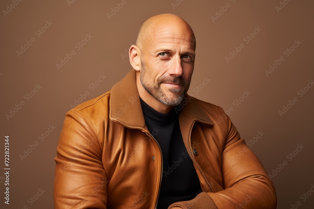 Portrait of a bald man in a brown leather jacket. Men's beauty, fashion. Portrait of a bald man in a brown leather jacket. Men's beauty, fashion.