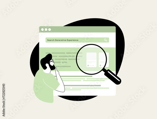 SGE - Search Generative Experience. AI-powered search concept. Experience AI-generated answers above search results for enhanced user experience. Vector isolated illustration on white background