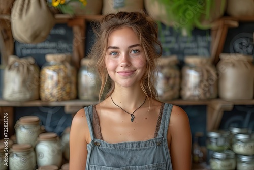 Smiling Storekeeper with Eco-Friendly Products in Zero Waste Shop.