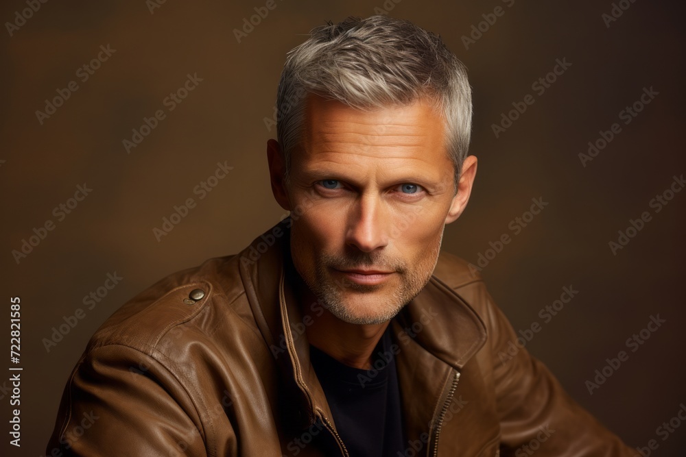 Portrait of a handsome middle-aged man in a brown leather jacket. Portrait of a handsome middle-aged man in a brown leather jacket.