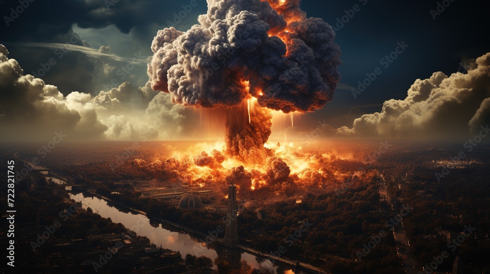 illustration of a nuclear explosion in the middle of the city - obrazy, fototapety, plakaty 